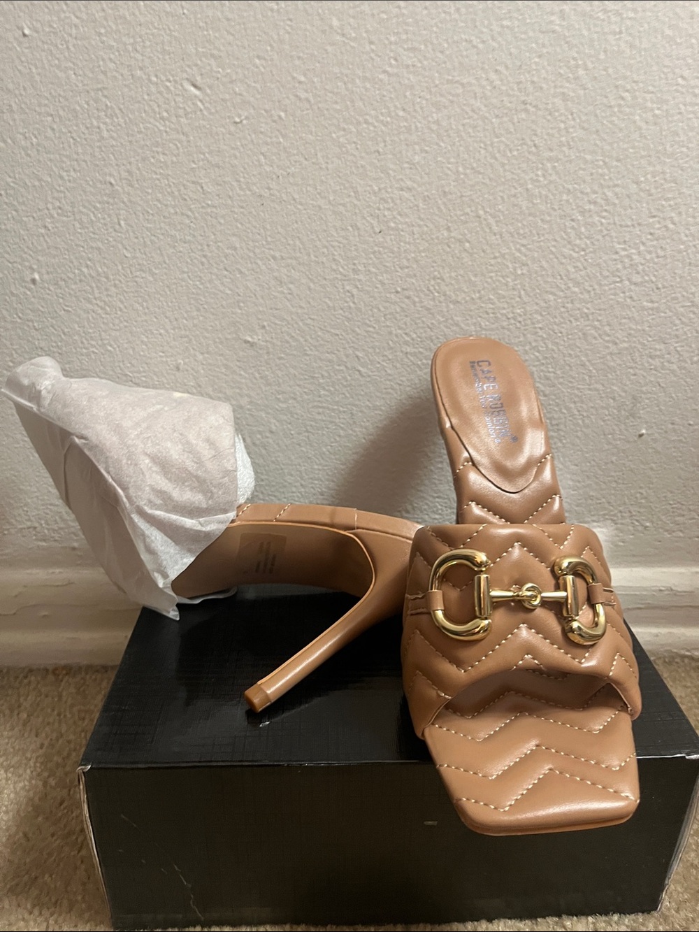 Cape Robbin Tan Quilted Leather High Heel Mules with Gold Bit Detail